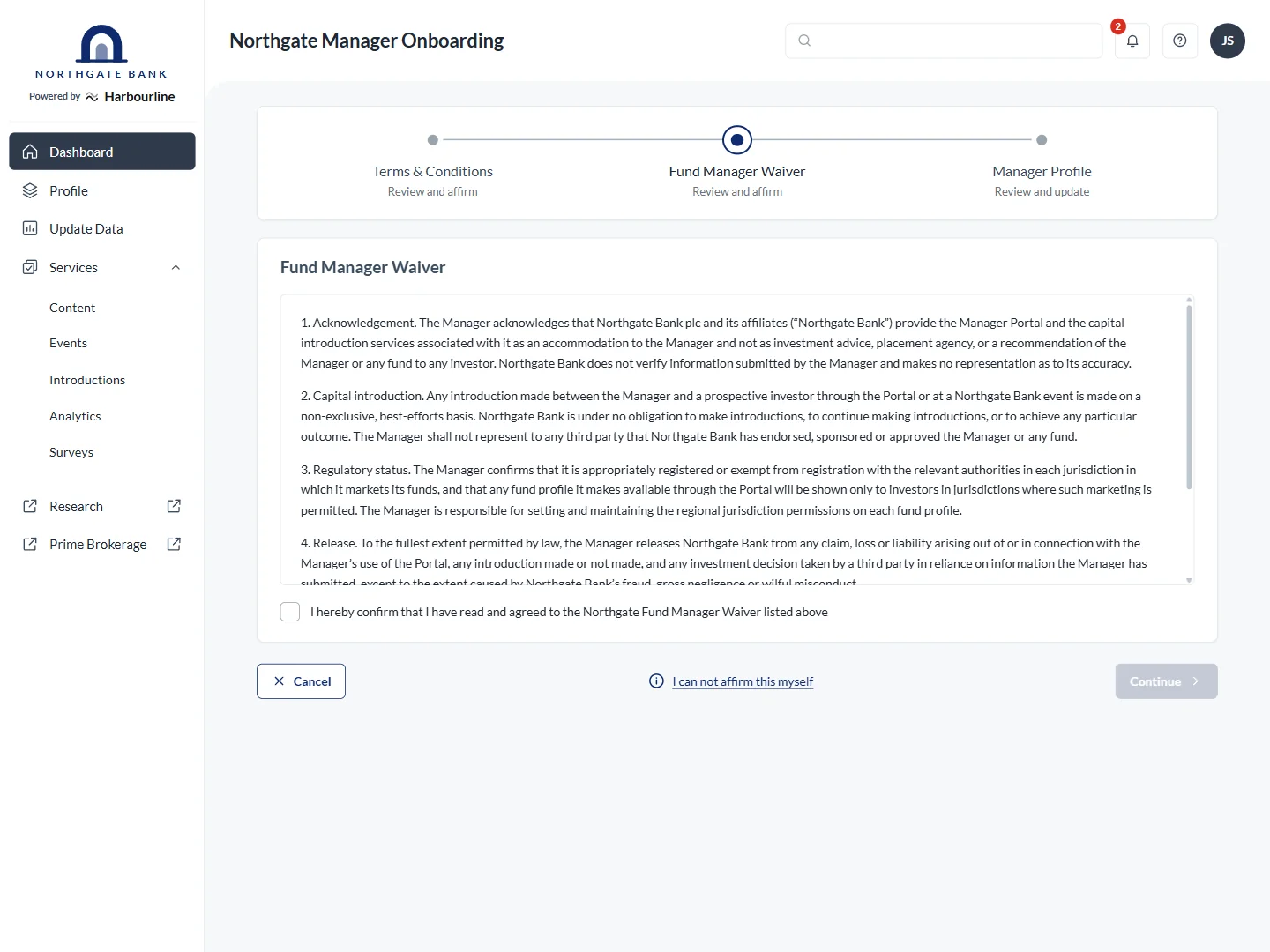 Fund manager onboarding portal &ndash; fund manager waiver step with legal affirmation