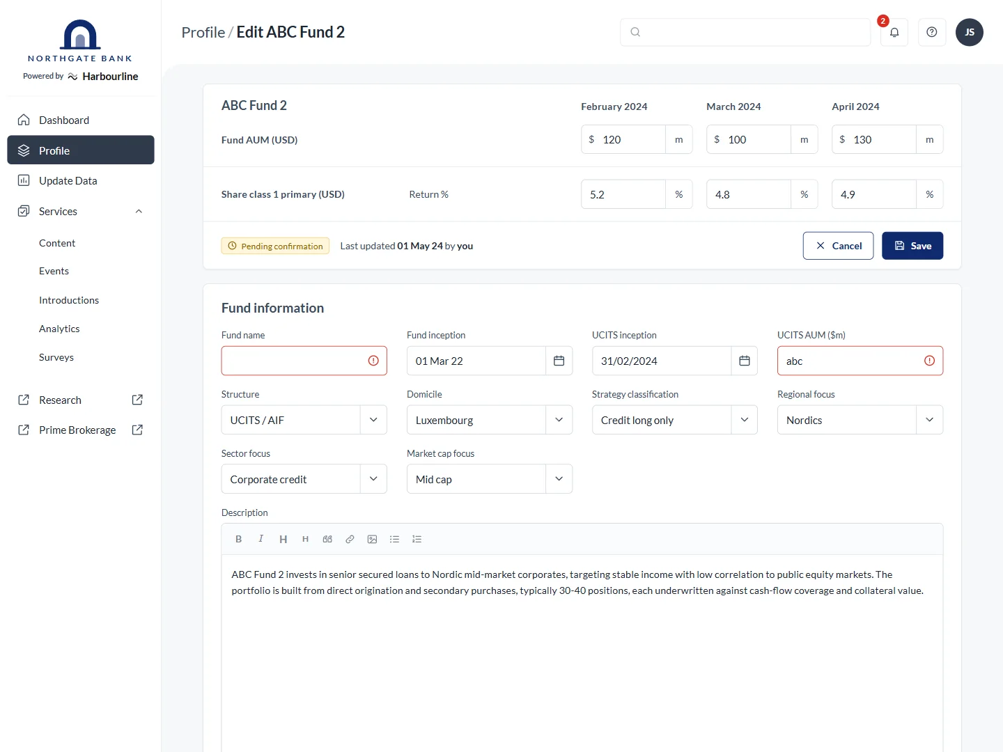 Fund manager onboarding portal &ndash; editing a fund with validation states