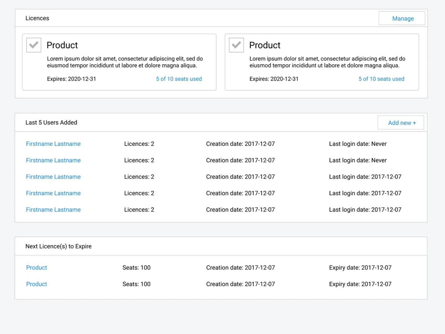 Software license management &ndash; annotated wireframe